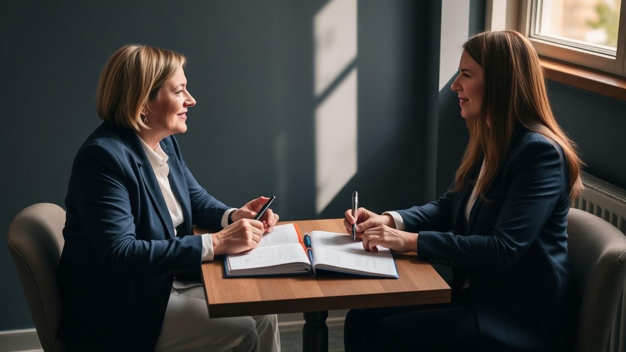 Career coach and clinical research professional in conversation across a table