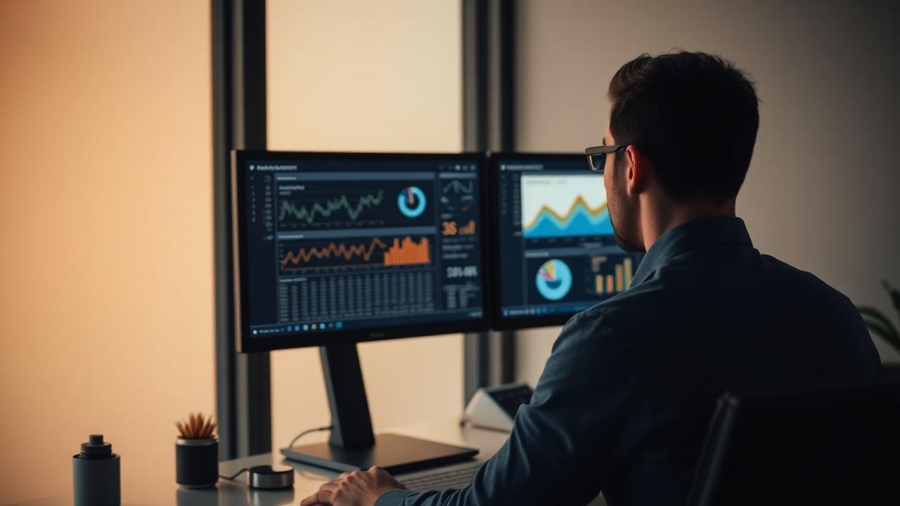 Data manager reviewing study charts across two monitors