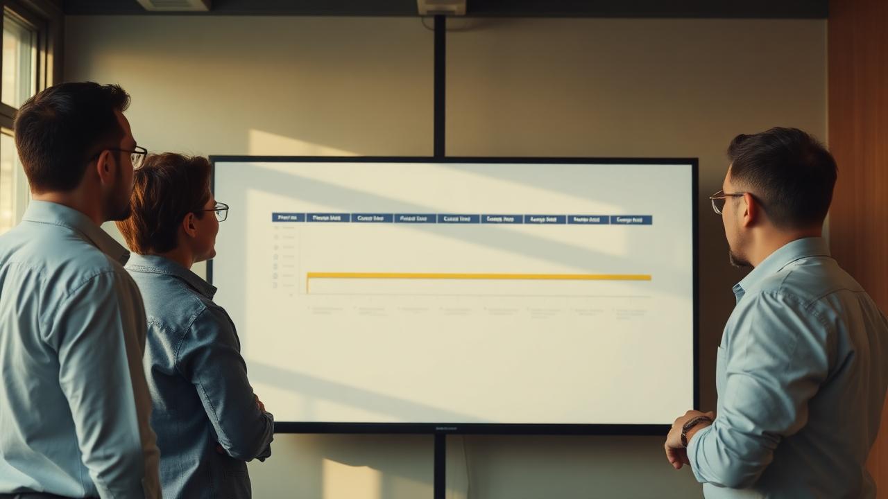 Trial operations team reviewing a study timeline on a large screen