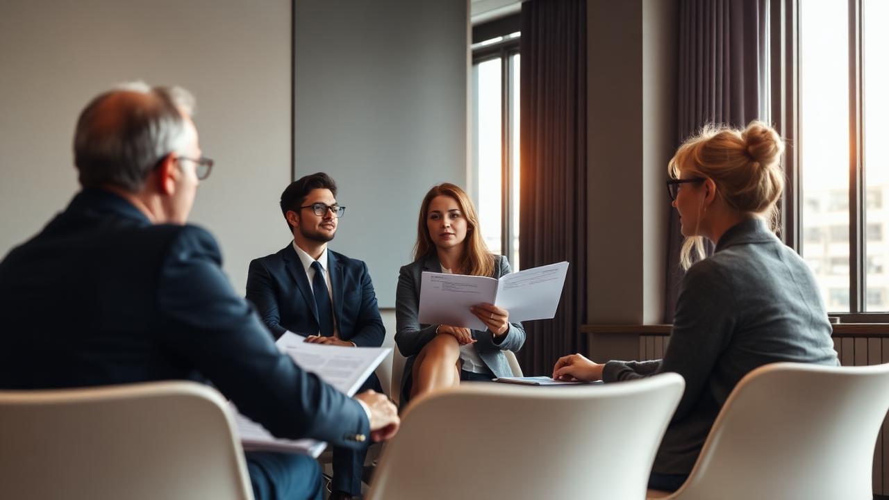 Trainer leading a small group of professionals through study material in a seminar room