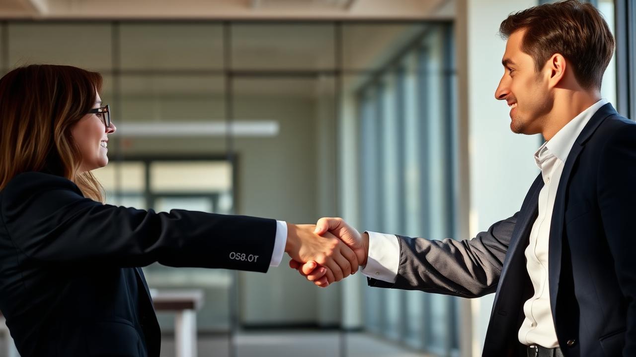 Hiring manager and clinical research candidate shaking hands after an interview
