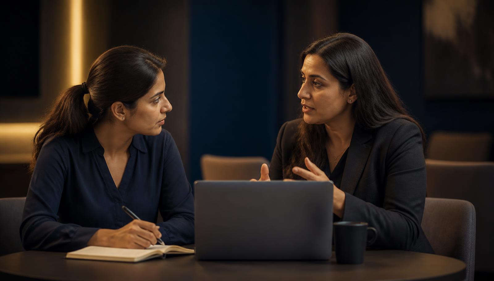 Mentor coaching a junior clinical research associate across a table