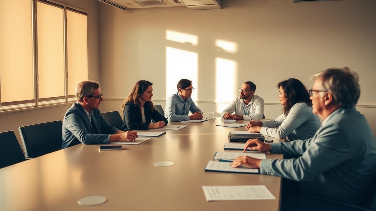 Cohort of clinical research professionals working through protocol documents around a meeting table