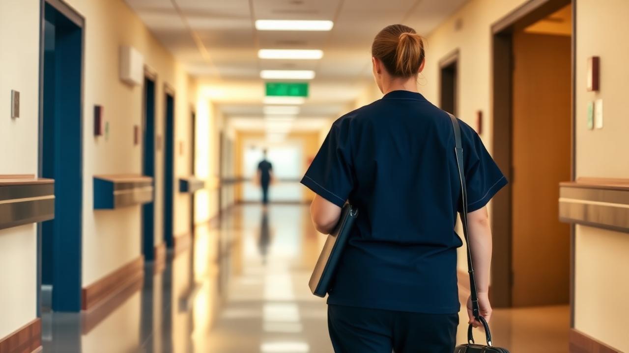 Clinical research coordinator walking through a hospital research unit with a laptop bag