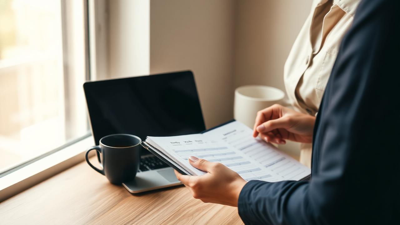 Professional planning weekly goals in a paper planner beside a laptop