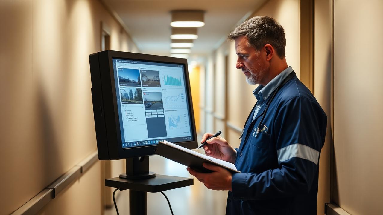 Clinical monitor checking site records with a clipboard in a research unit