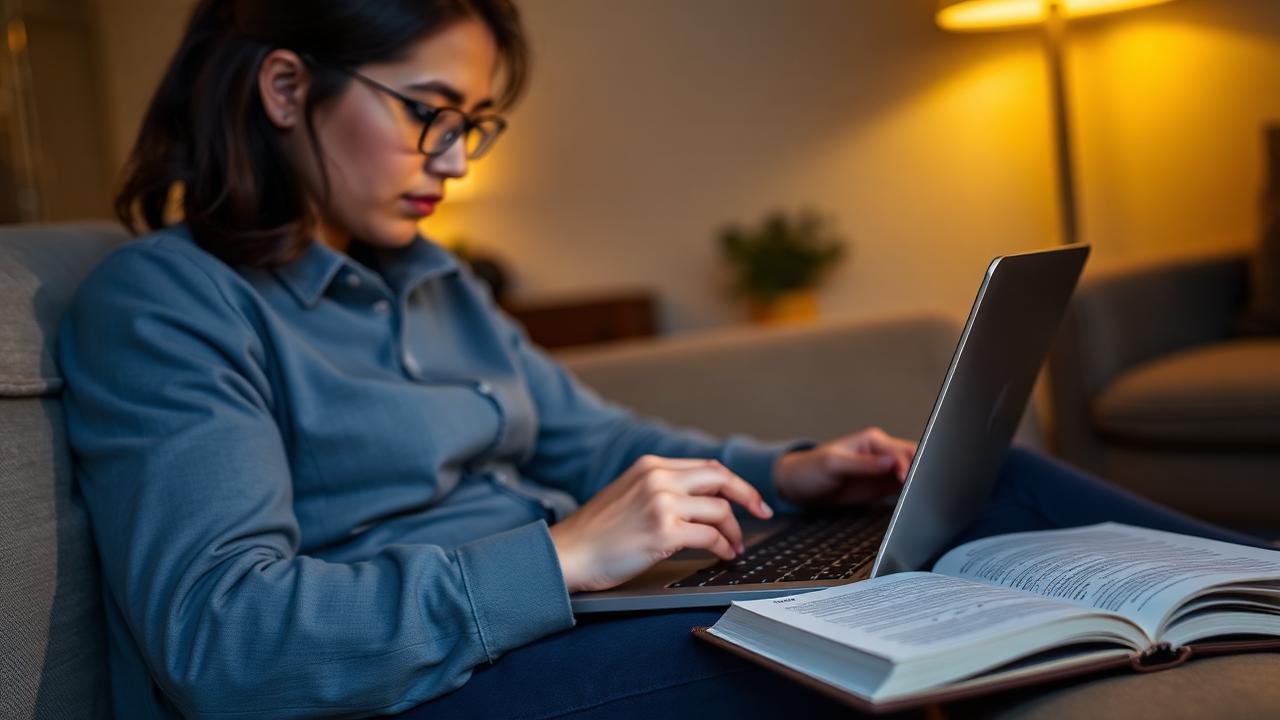 Professional studying an online course on a laptop at home in the evening