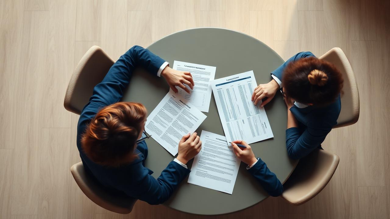 Two professionals comparing competency framework documents across a meeting table