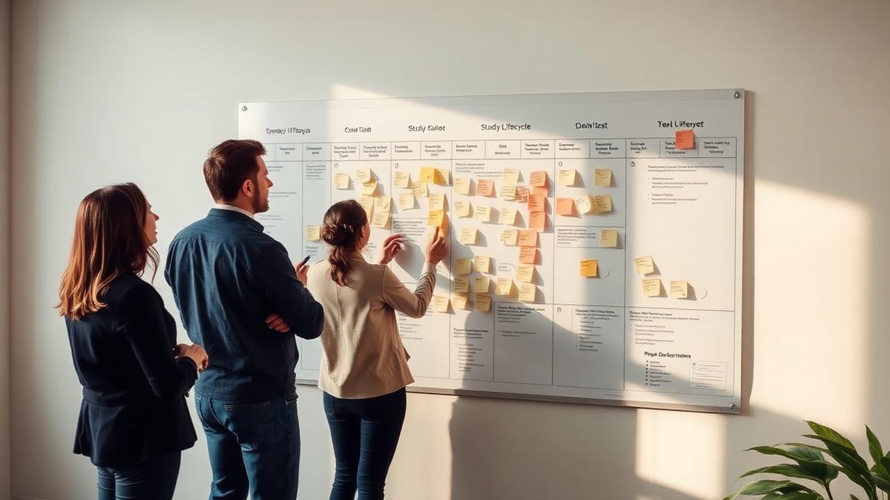Team mapping the stages of a study lifecycle on a wall planner