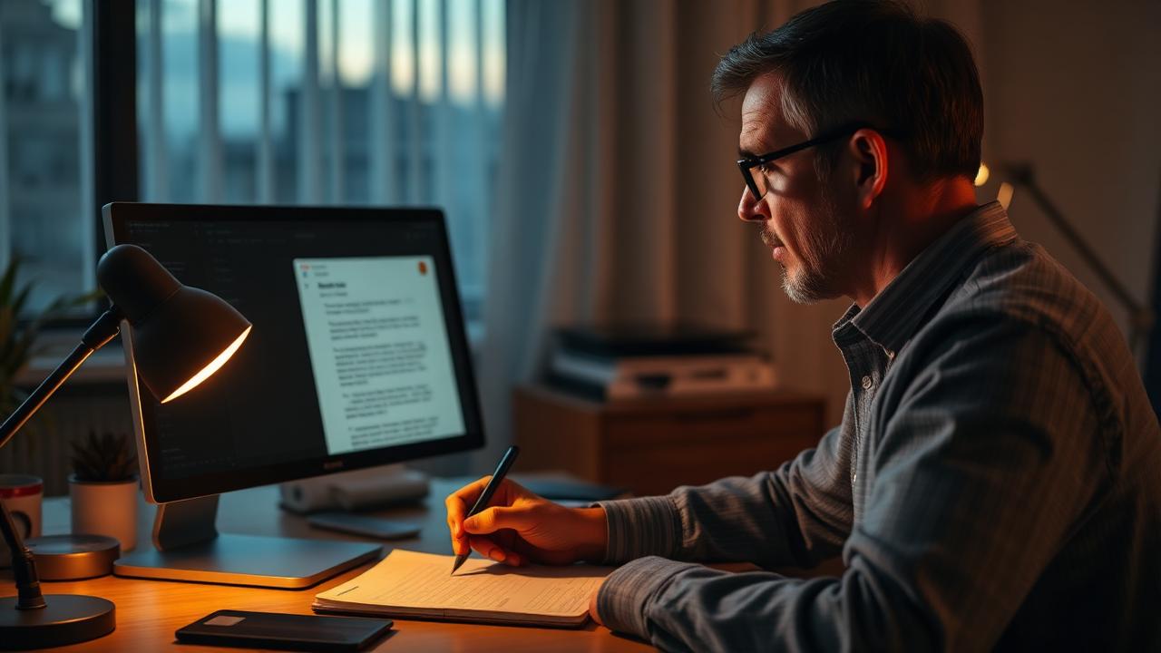 Senior reviewer reading a submitted work sample on screen while taking notes